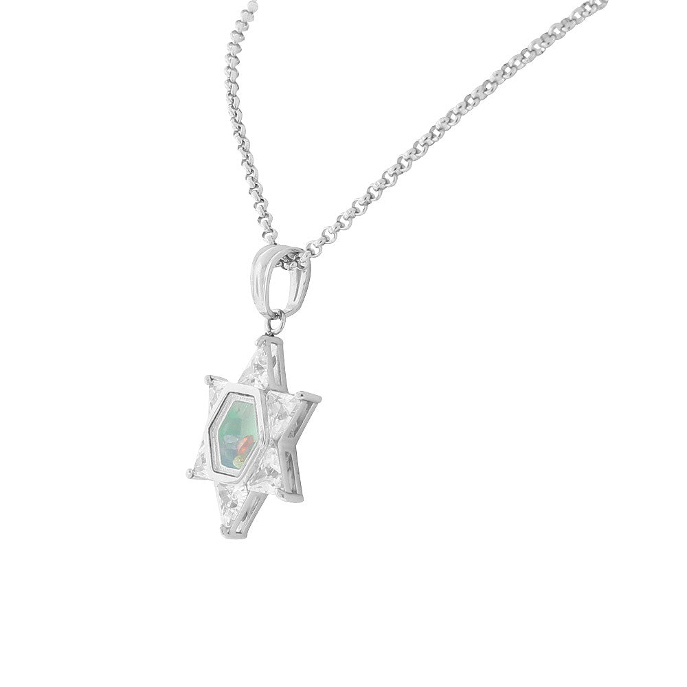 Stainless Steel Silver-Tone Clear Multicolor CZ Jewish Star of David Pendant Necklace