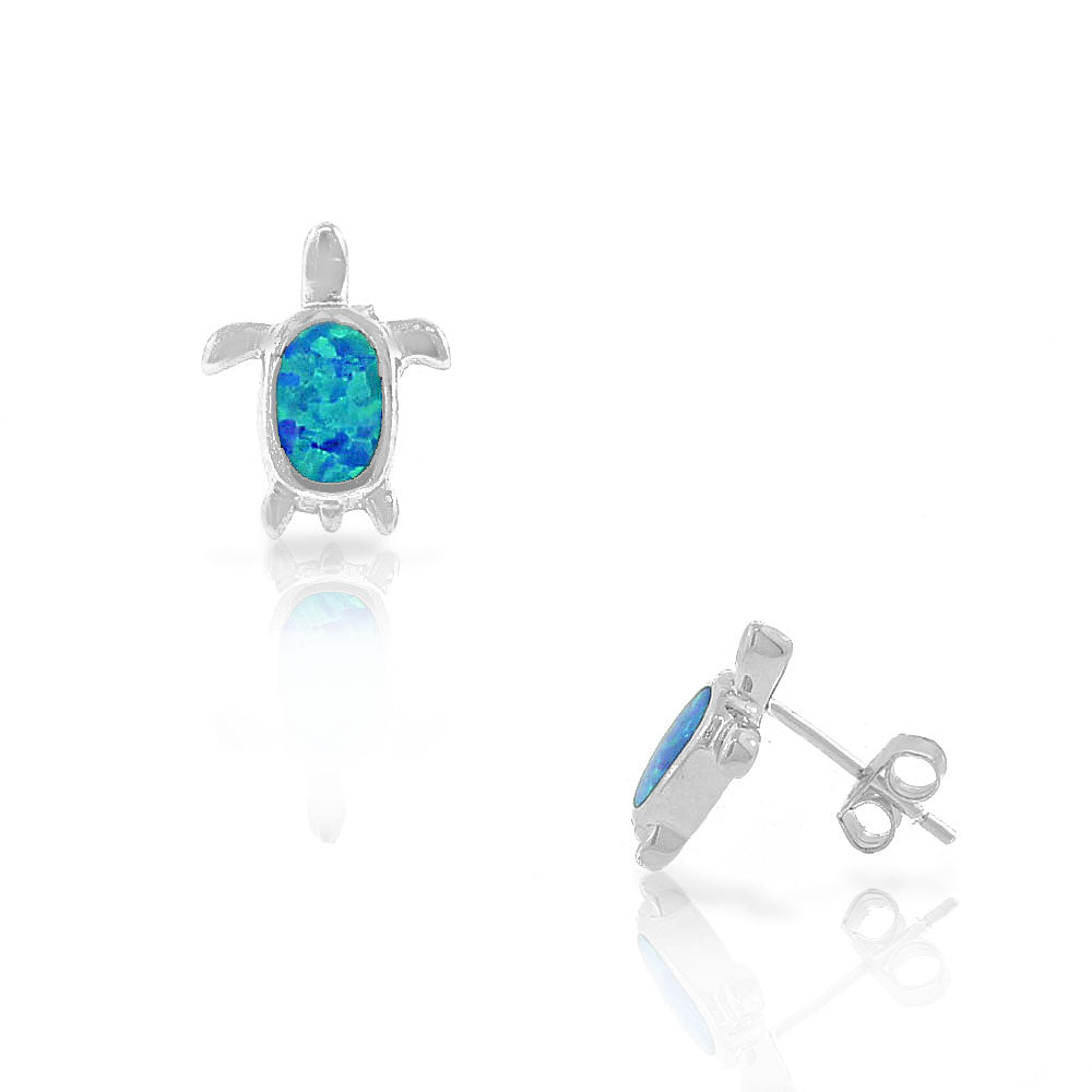 Sterling Silver Blue Turquoise-Tone Simulated Opal Turtle Stud Earrings