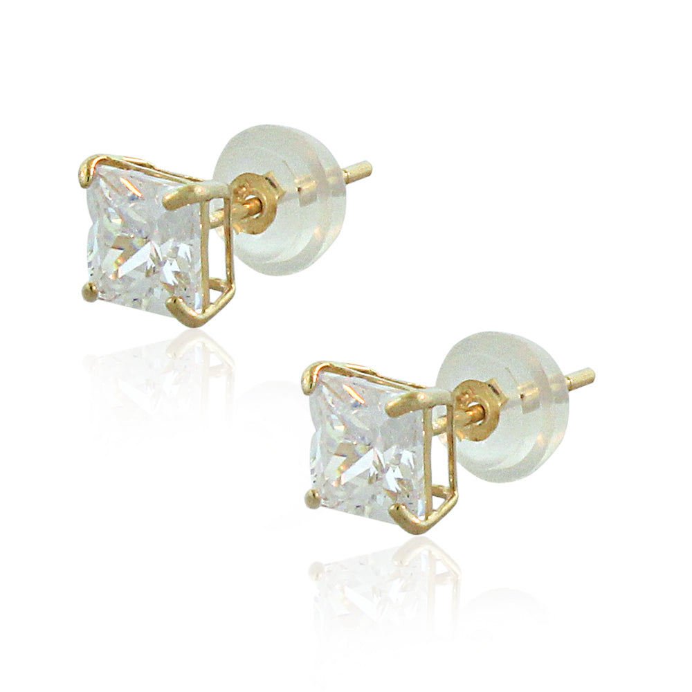 14K Yellow Gold Square Princess White Clear CZ Classic Stud Earrings, 5 MM