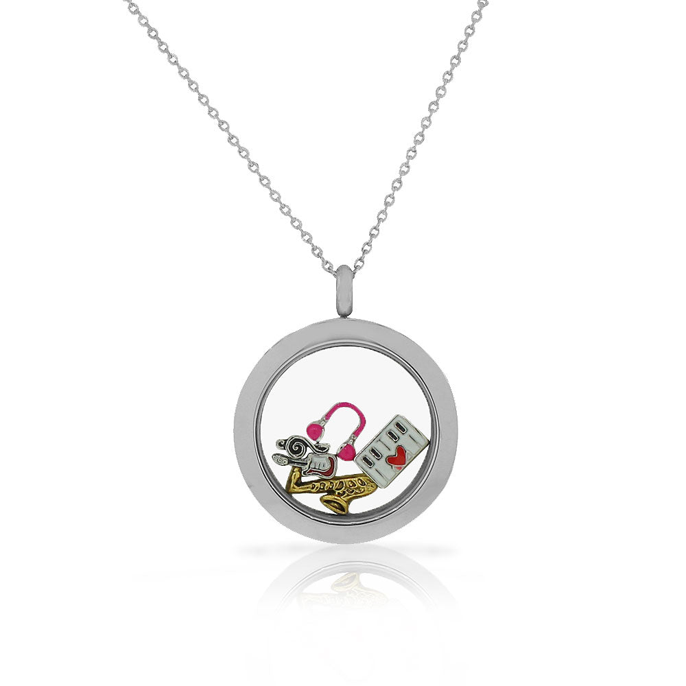 Floating Music Piano Saxophone Guitar Locket Charm Necklace