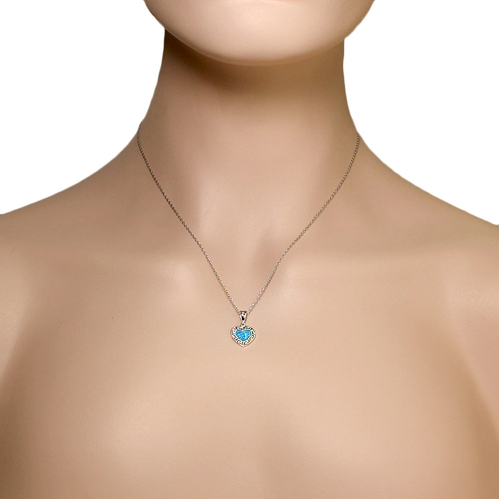 Sterling Silver Blue Turquoise-Tone Simulated Opal Love Heart Greek Key Pendant Necklace