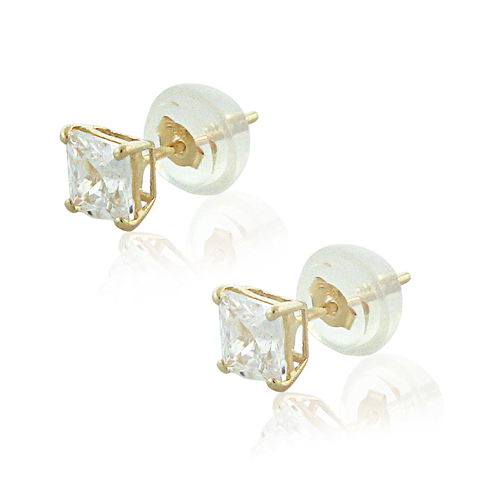 14K Yellow Gold Square Princess White Clear CZ Classic Stud Earrings, 4 MM