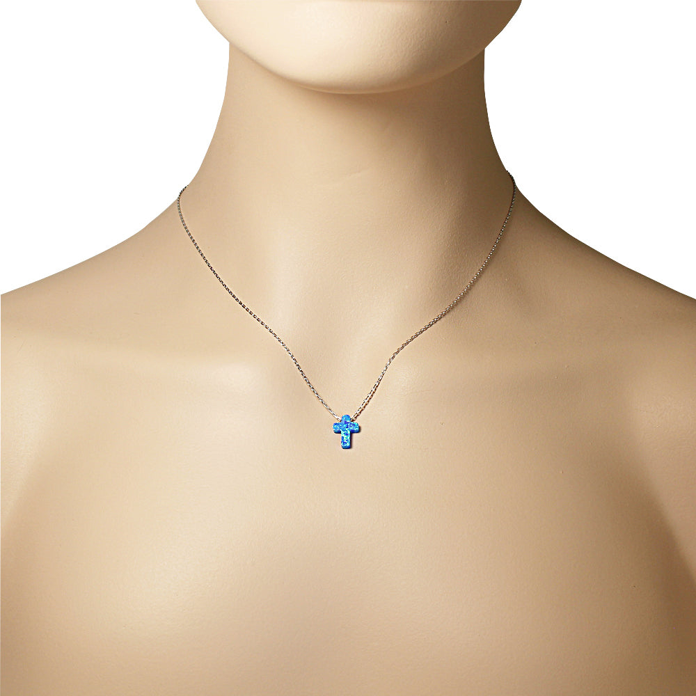 Sterling Silver Small Womens Religious Cross Blue Simulated Opal Pendant Necklace