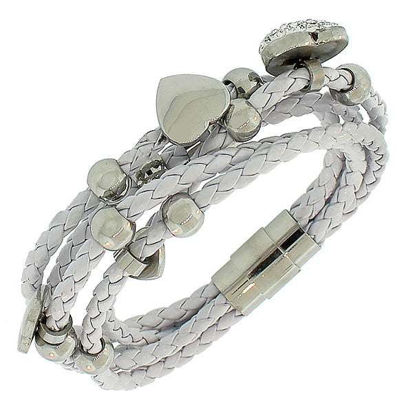Fashion Alloy White Faux PU Leather Silver-Tone Love Heart Multi-Row Layer Bracelet