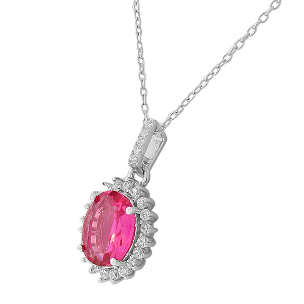 Pink White CZ Oval Charm Womens Pendant Necklace Stud Earrings Set