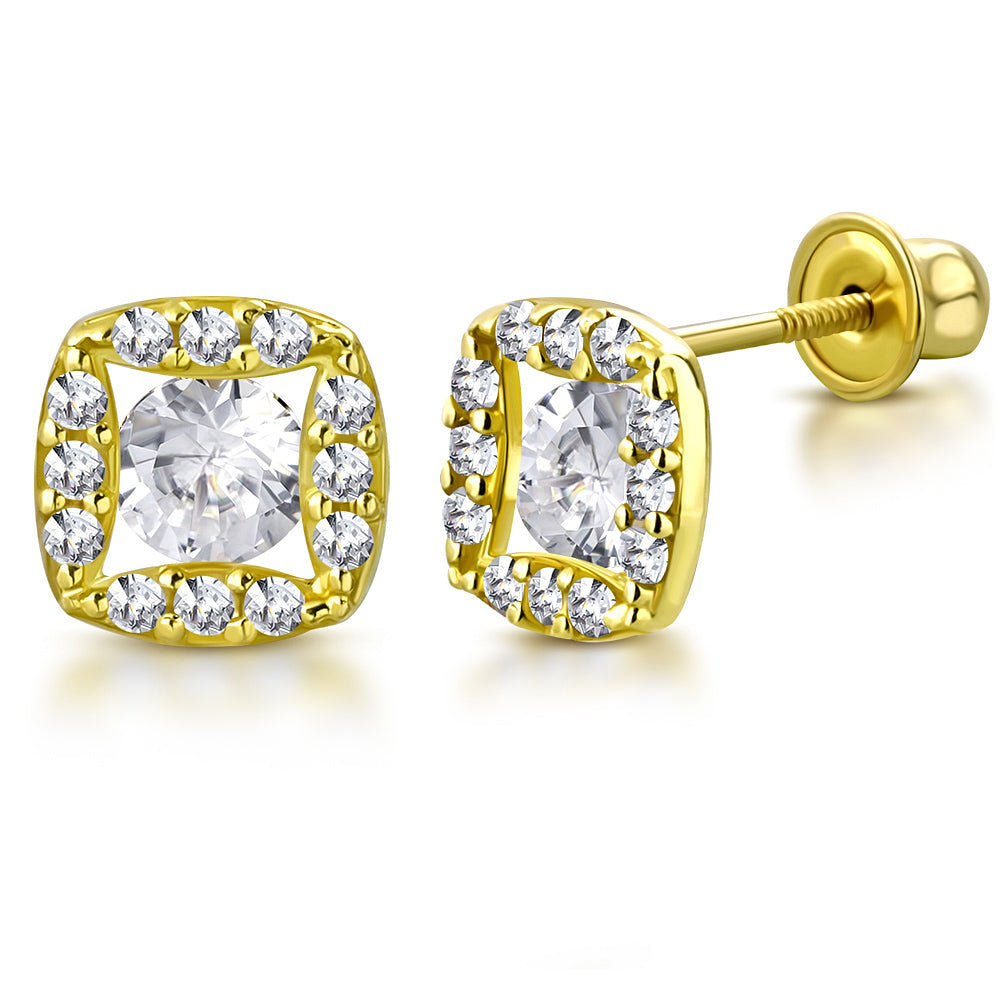 14K Yellow Gold Square Clear CZ Small Girls Stud Earrings