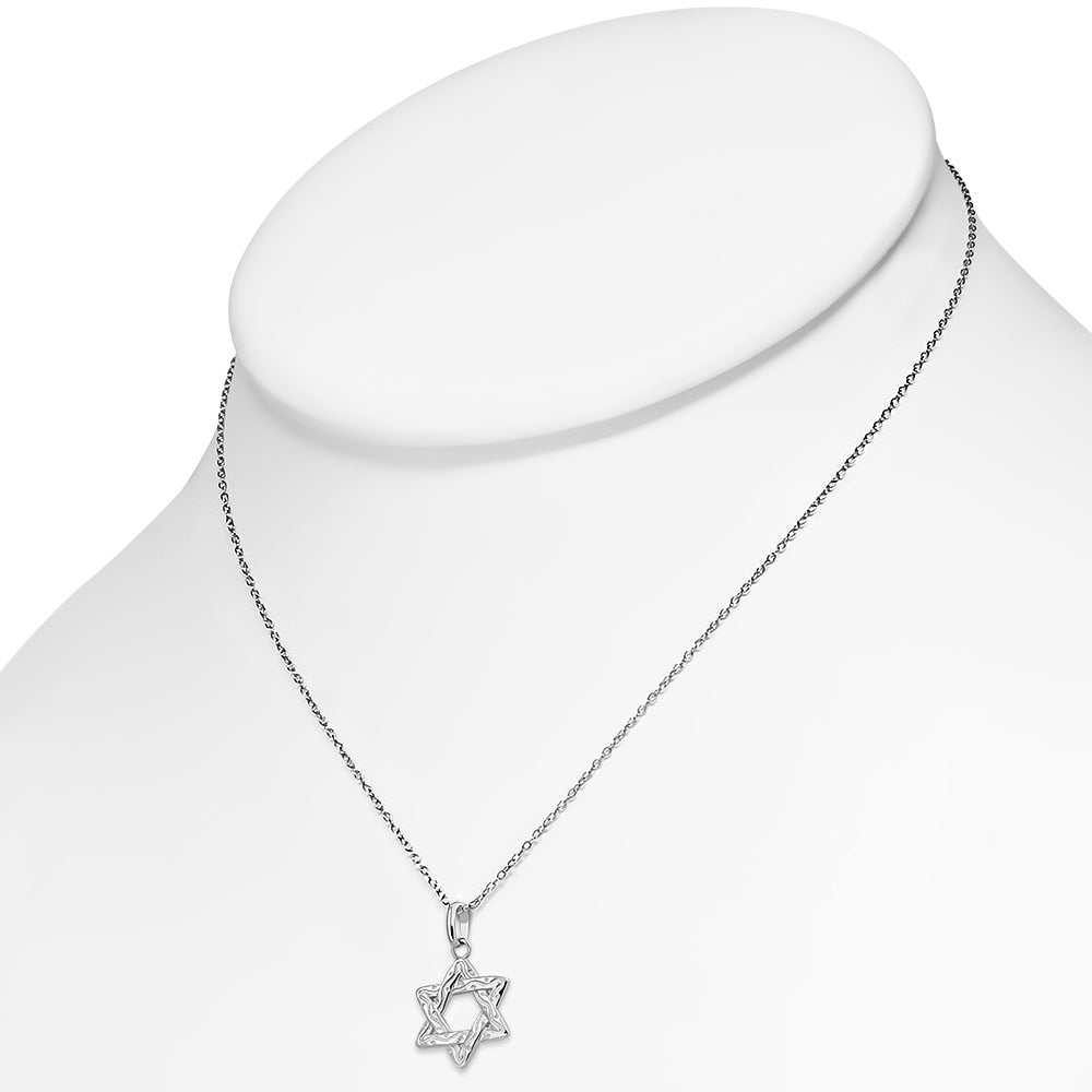 Wave Etched Jewish Star of David 925 Sterling Silver Necklace Pendant