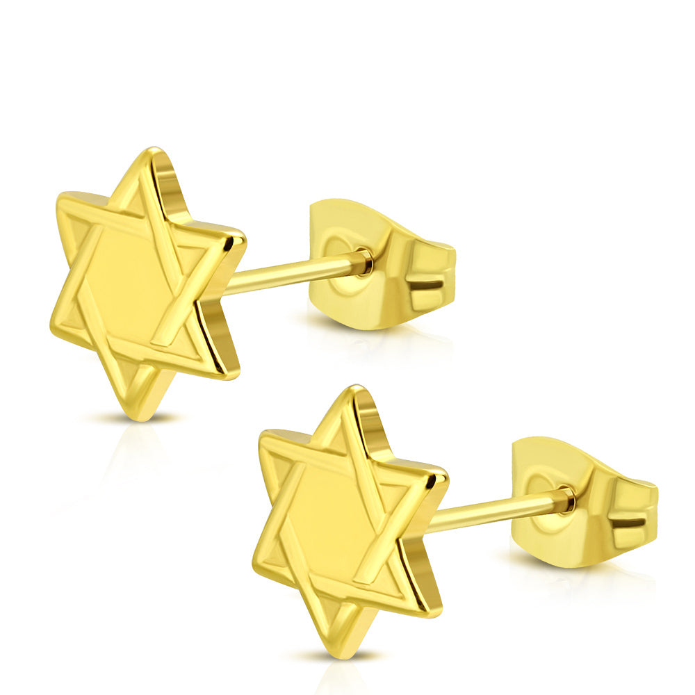 Stainless Steel Yellow Gold-Tone Jewish Star of David Stud Earrings, 0.5"