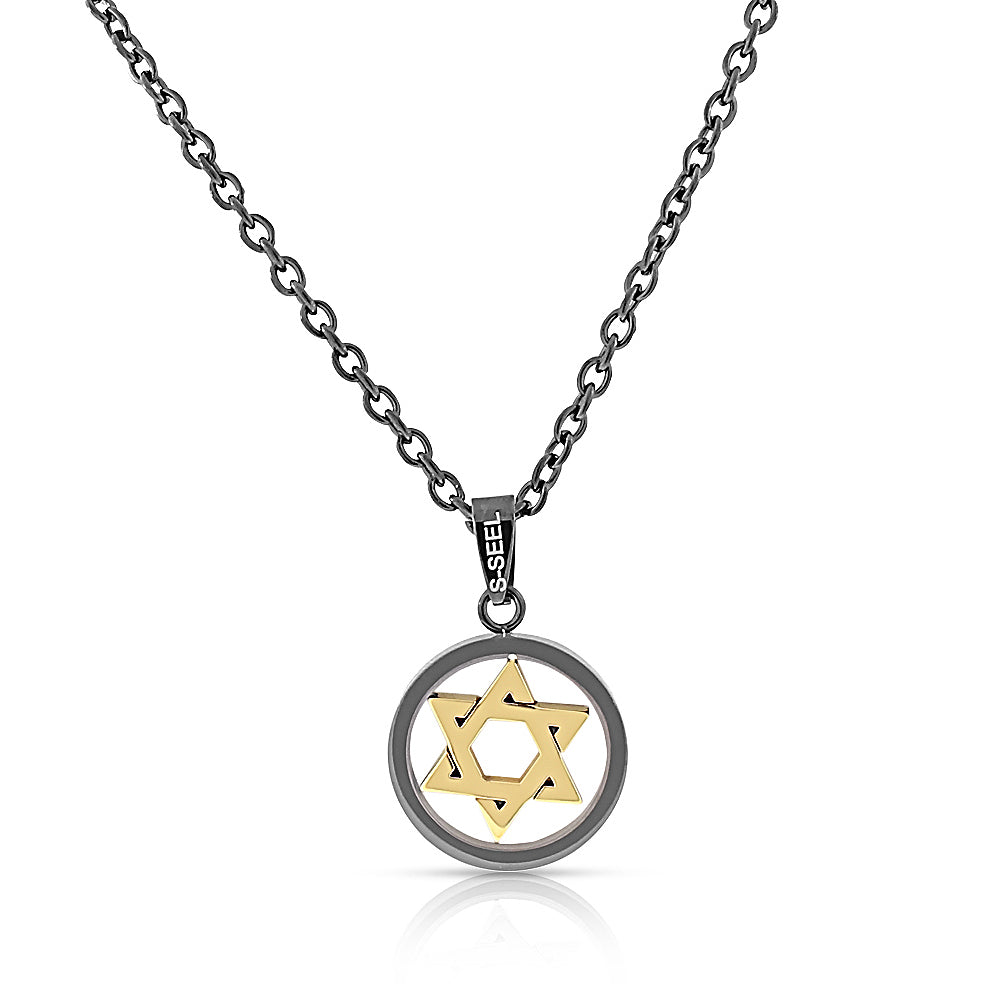 Stainless Steel Two-Tone Black Yellow Gold Jewish Star of David Men's Pendant Necklace