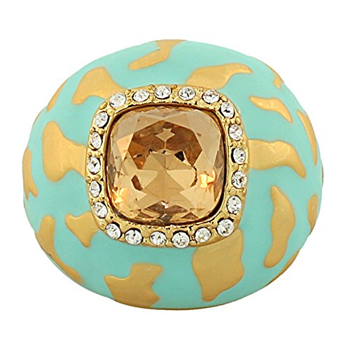 Fashion Alloy Yellow Gold-Tone Turquoise Brown Clear CZ Statement Cocktail Ring