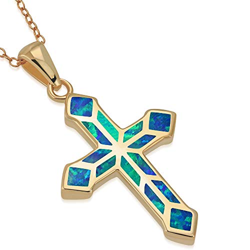 Blue Opal Cross Pendant Necklace 925 Sterling Silver