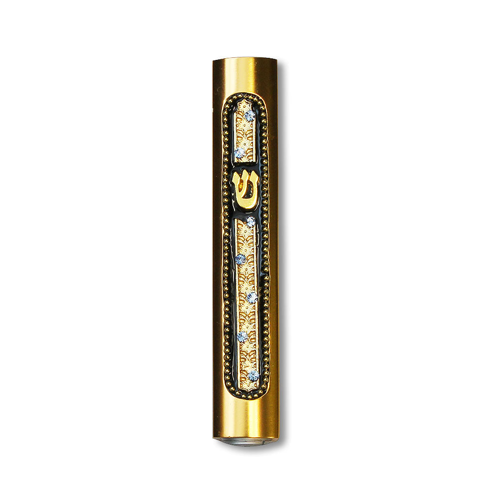 Small Aluminum Yellow Gold-Tone Blue CZ Mezuzah Case Shin with Decorative Design, 3.75"