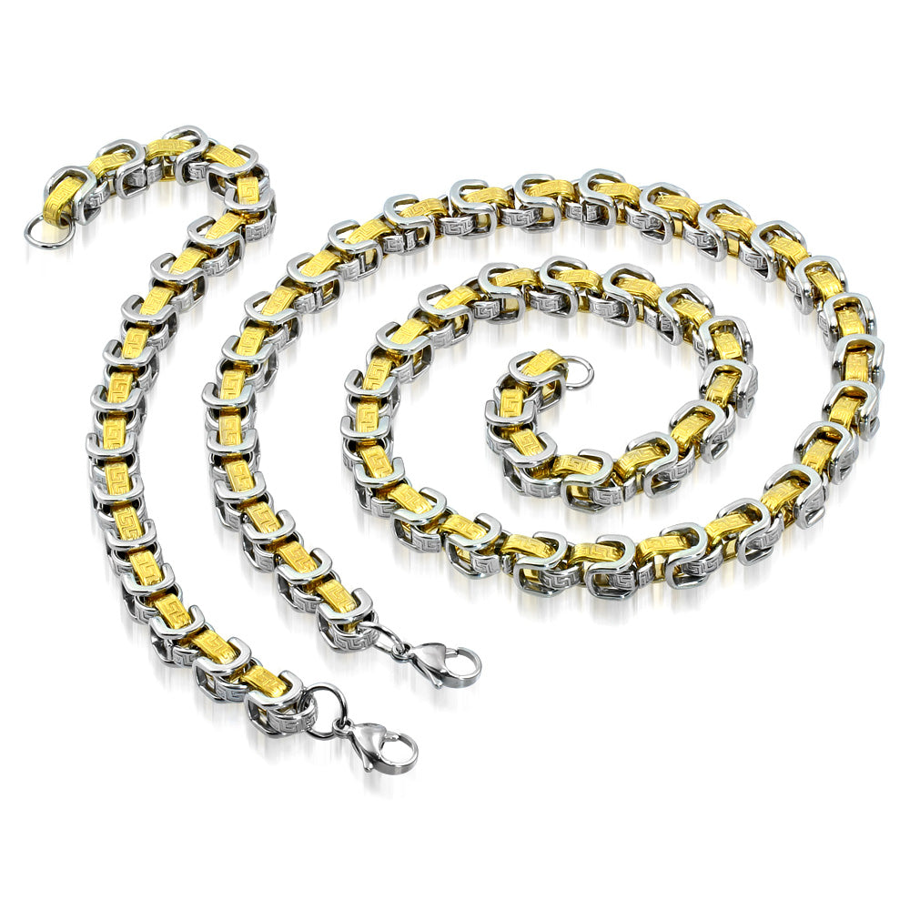 Stainless Steel Two-Tone Necklace Bracelet Mens Jewelry Set