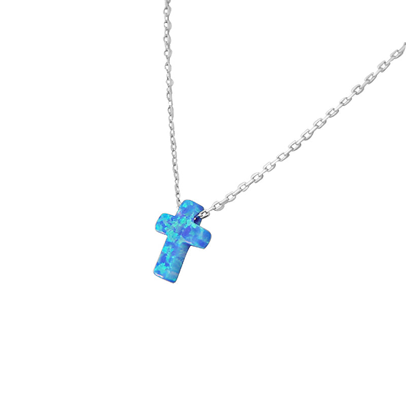 Sterling Silver Small Womens Religious Cross Blue Simulated Opal Pendant Necklace