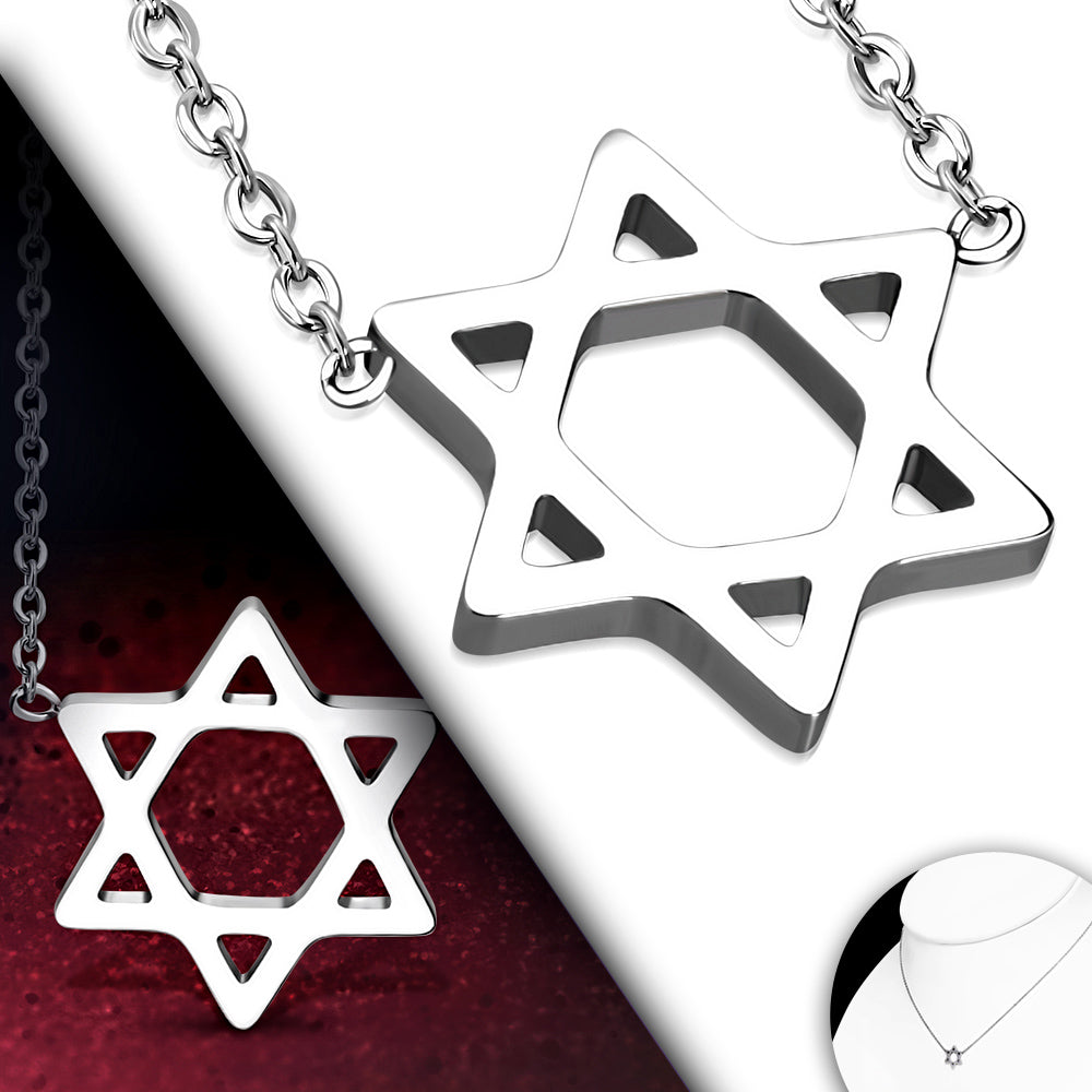 Stainless Steel Polished Silver Jewish Star of David Pendant Necklace