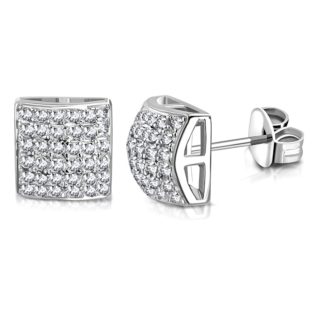 Sterling Silver Square White Clear CZ Screw Back Stud Earrings, 0.35"
