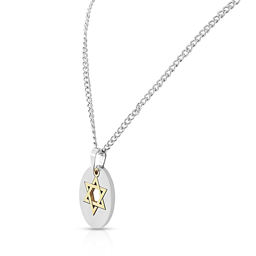 Stainless Steel Two-Tone Cut-Out Jewish Star of David Oval Dog Tag Pendant Necklace