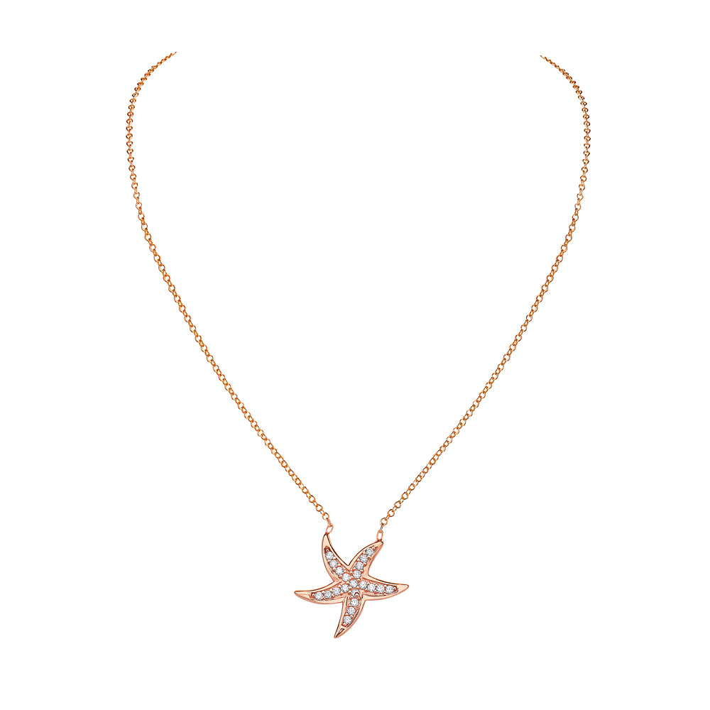 925 Sterling Silver Rose Gold-Tone Starfish Charm White CZ Pendant Nec