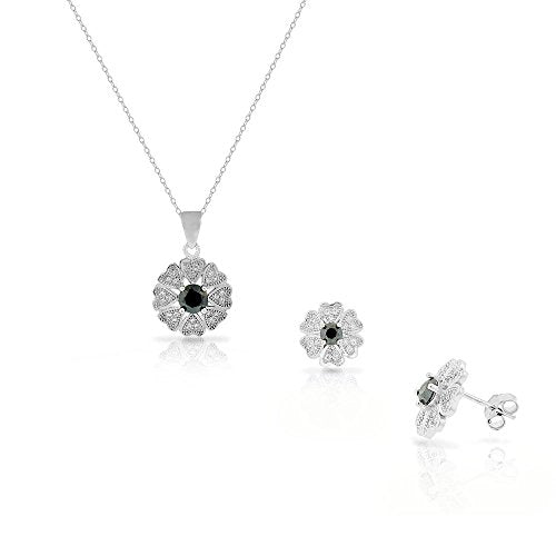 Sterling Silver White Brown CZ Love Heart Flower Stud Earrings Pendant Necklace Set