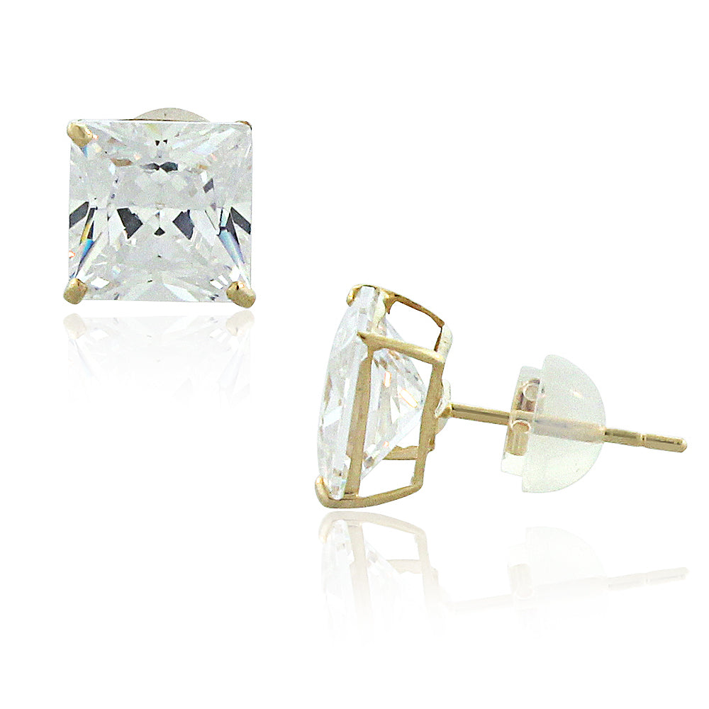 14K Yellow Gold Square Princess Clear CZ Classic Stud Earrings, 7MM