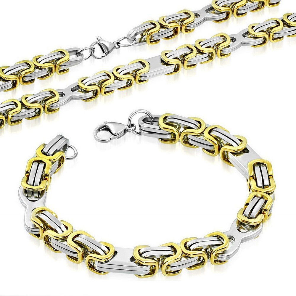 Stainless Steel Two-Tone Necklace Bracelet Mens Jewelry Set