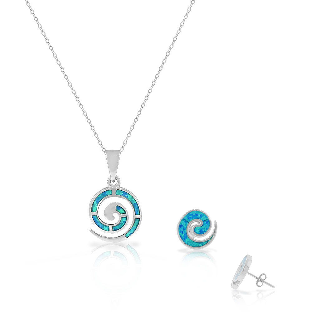 Sterling Silver Blue Turquoise-Tone Simulated Opal Whirlpool Stud Earrings Pendant Necklace Set