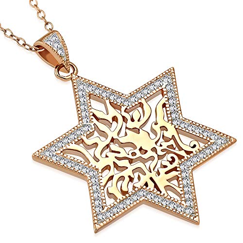 Sterling Silver Yellow Gold-Tone CZ Jewish Star of David Shema Sh'ma Yisrael Pendant Necklace
