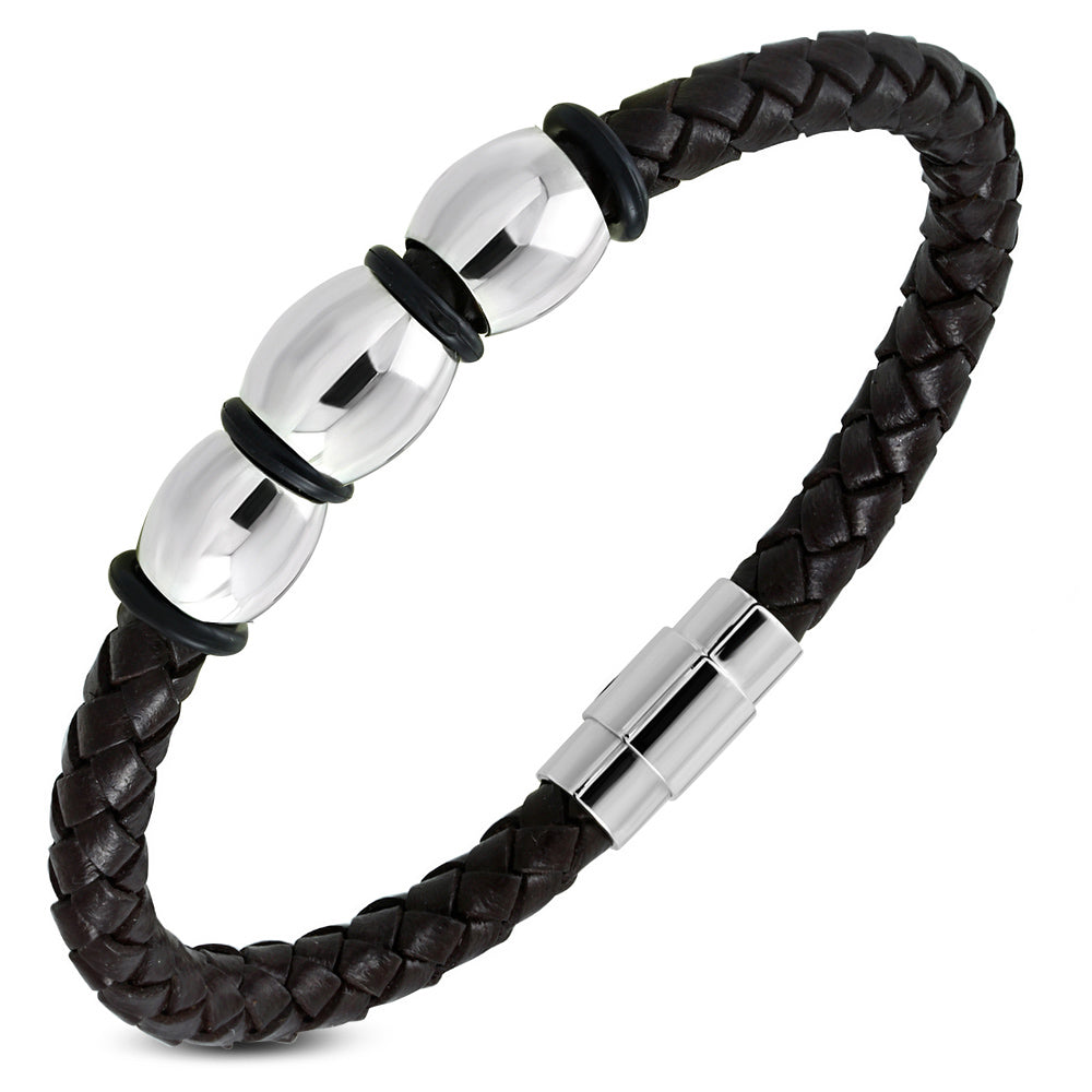 Black Leather Braided Wristband Bracelet, 8"