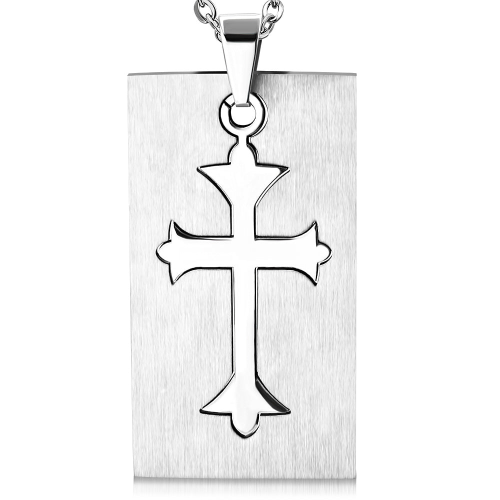 Stainless Steel Silver-Tone Religious Cutout Cross Dog Tag Pendant Necklace