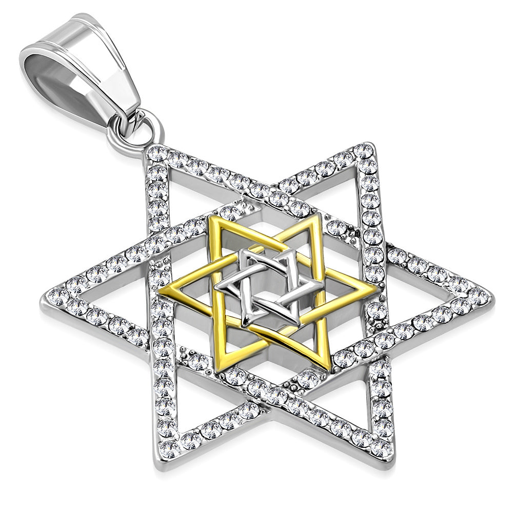 Stainless Steel Two-Tone Jewish Star of David CZ Mens Pendant Necklace