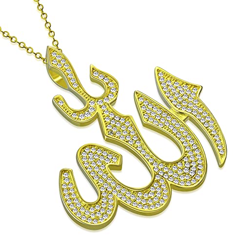 Men's Yellow Gold Tone 925 Sterling Silver Allah Pendant Necklace Cubic Zirconia