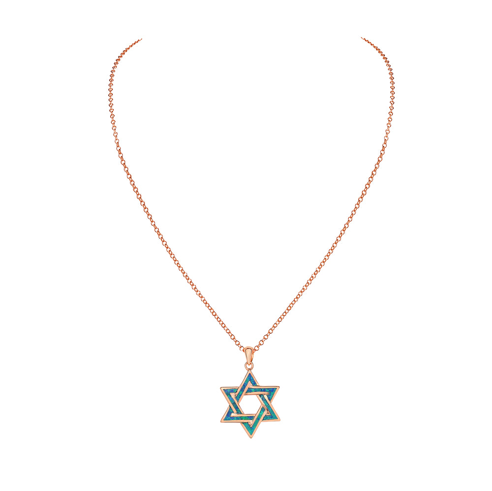 Rose Gold Inlay Opal Star of David Necklace Pendant Sterling Silver