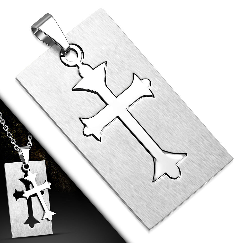 Stainless Steel Silver-Tone Religious Cutout Cross Dog Tag Pendant Necklace