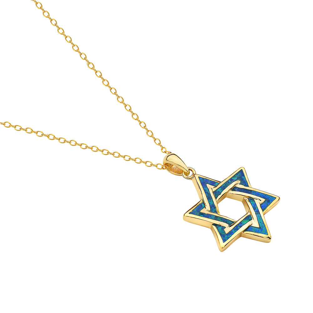 Gold Opal Inlay Star of David Necklace Pendant Sterling Silver