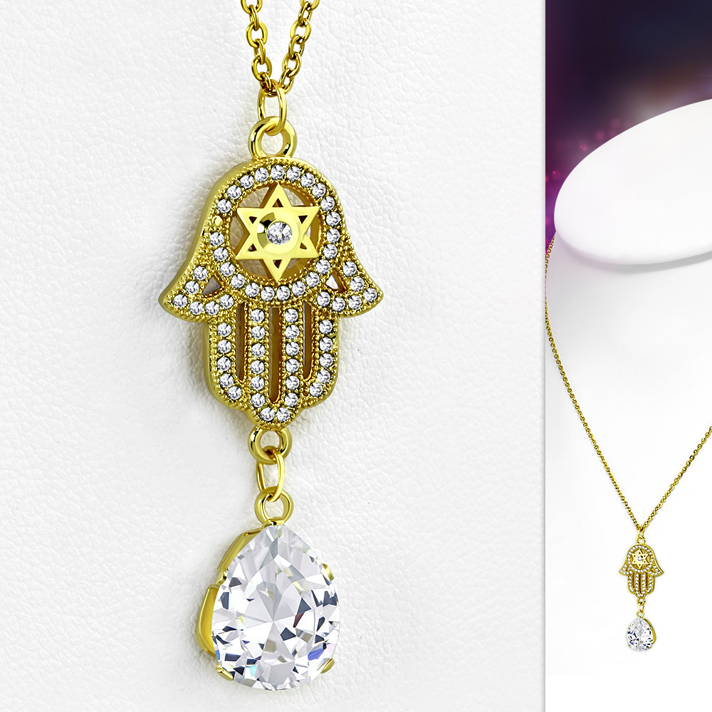 Stainless Steel Yellow Gold-Tone Womens Star of David Hamsa Protection CZ Pendant Necklace