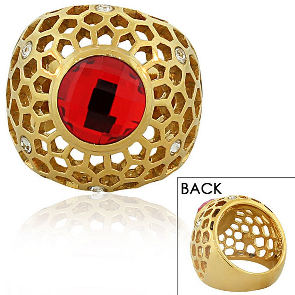 TECNO STEEL Stainless Steel Yellow Gold-Tone Red Ruby-Tone CZ Statement Ring 