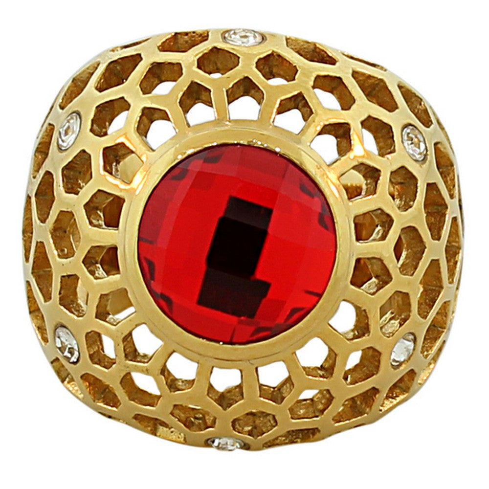 TECNO STEEL Stainless Steel Yellow Gold-Tone Red Ruby CZ Cocktail Ring