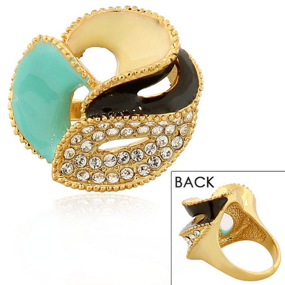 Fashion Alloy Yellow Gold-Tone Brown Turquoise-Tone CZ Flower Floral Cocktail Ring