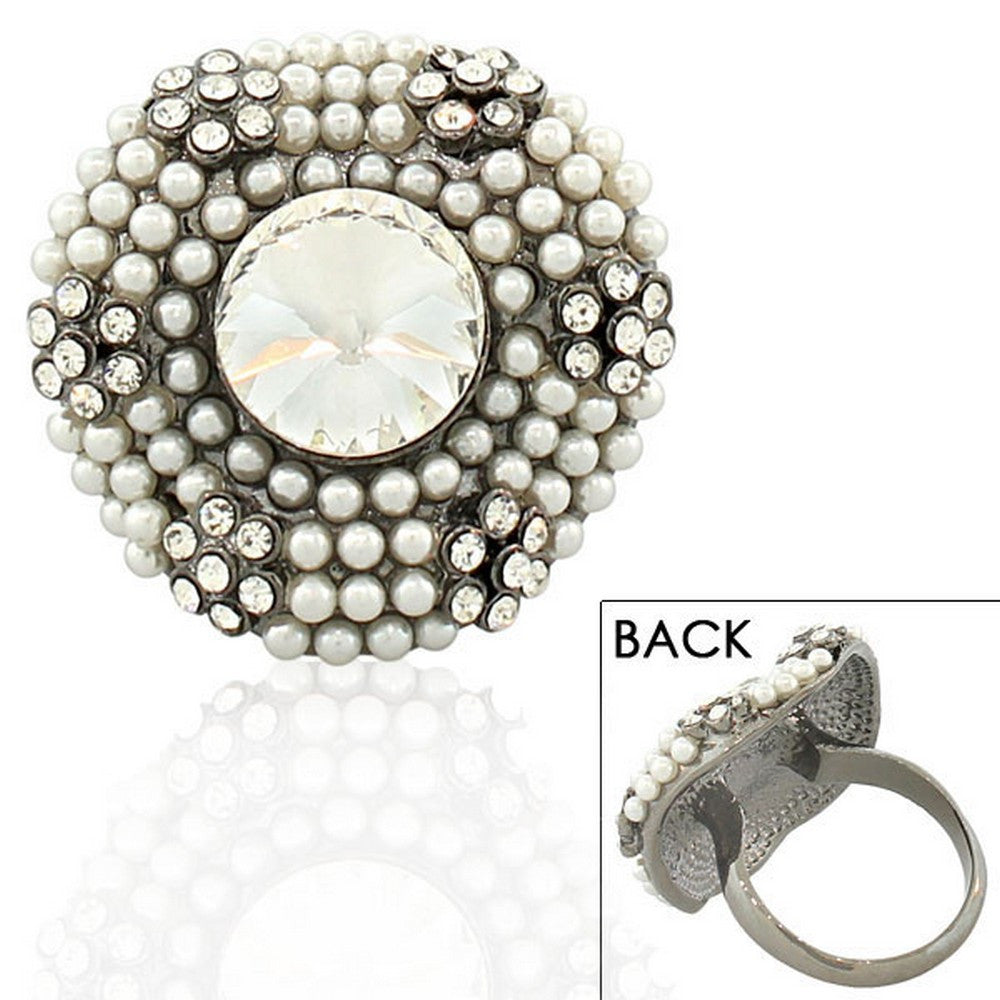 Fashion Alloy Simulated Pearls Black White Clear CZ Statement Cocktail Ring