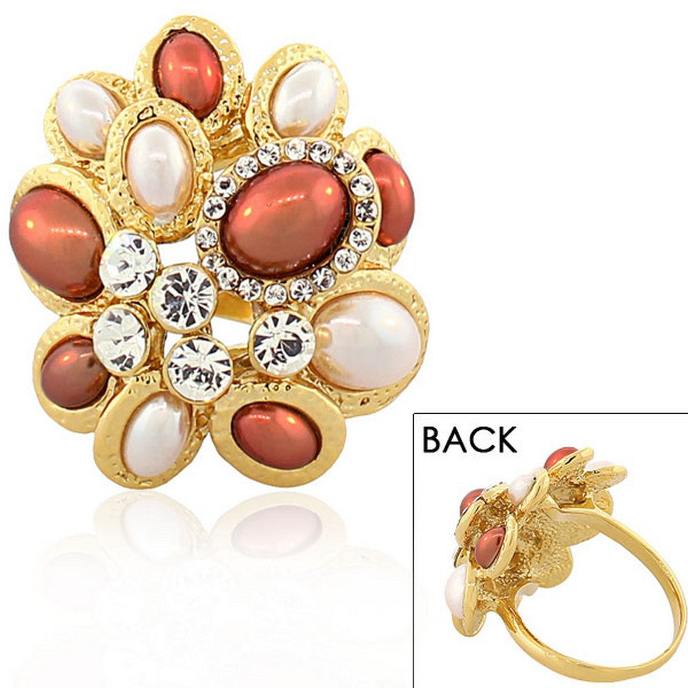 Fashion Alloy Yellow Gold-Tone Brown White Simulated Pearls Clear CZ Cocktail Ring