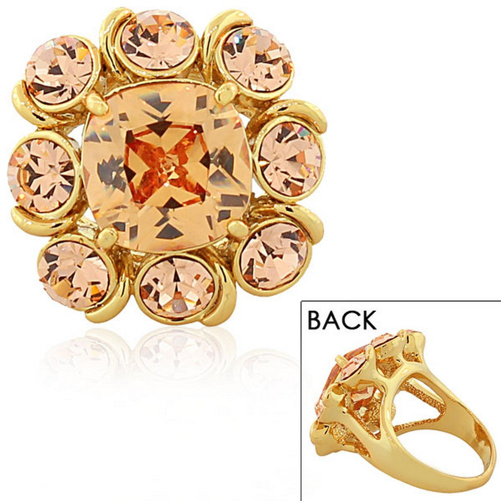 Fashion Alloy Yellow Gold-Tone Brown Peach-Tone CZ Statement Cocktail Ring