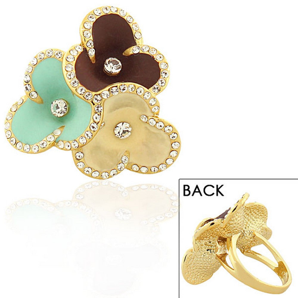 Fashion Alloy Yellow Gold-Tone Turquoise-Tone Brown Flower Floral Cocktail Ring