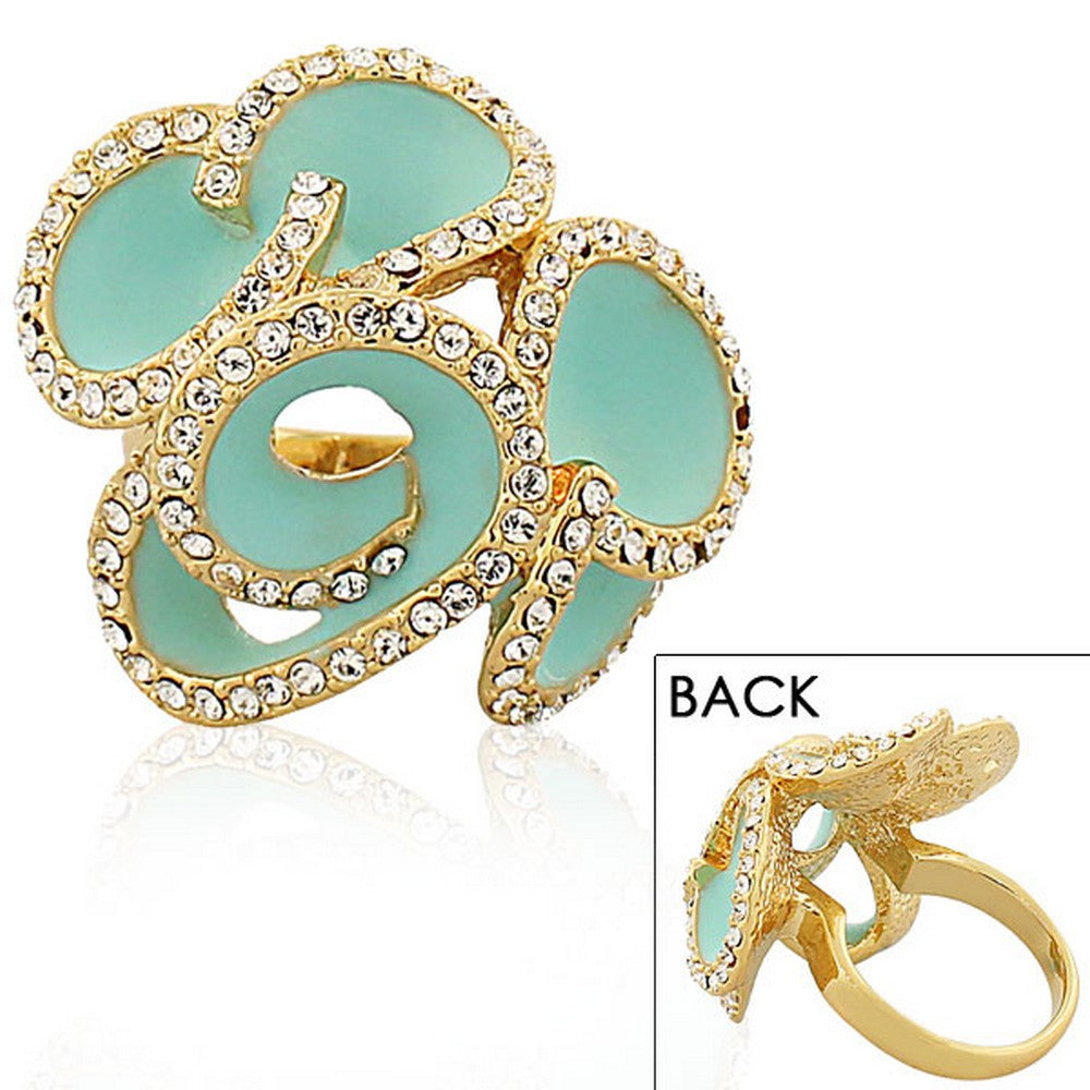 Fashion Alloy Yellow Gold-Tone Turquoise-Tone White Clear CZ Flower Floral Cocktail Ring