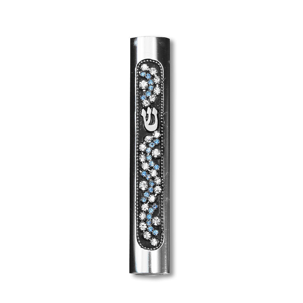 Small Aluminum Silver-Tone Black Blue CZ Mezuzah Case Shin with Decorative Design, 3.75" 