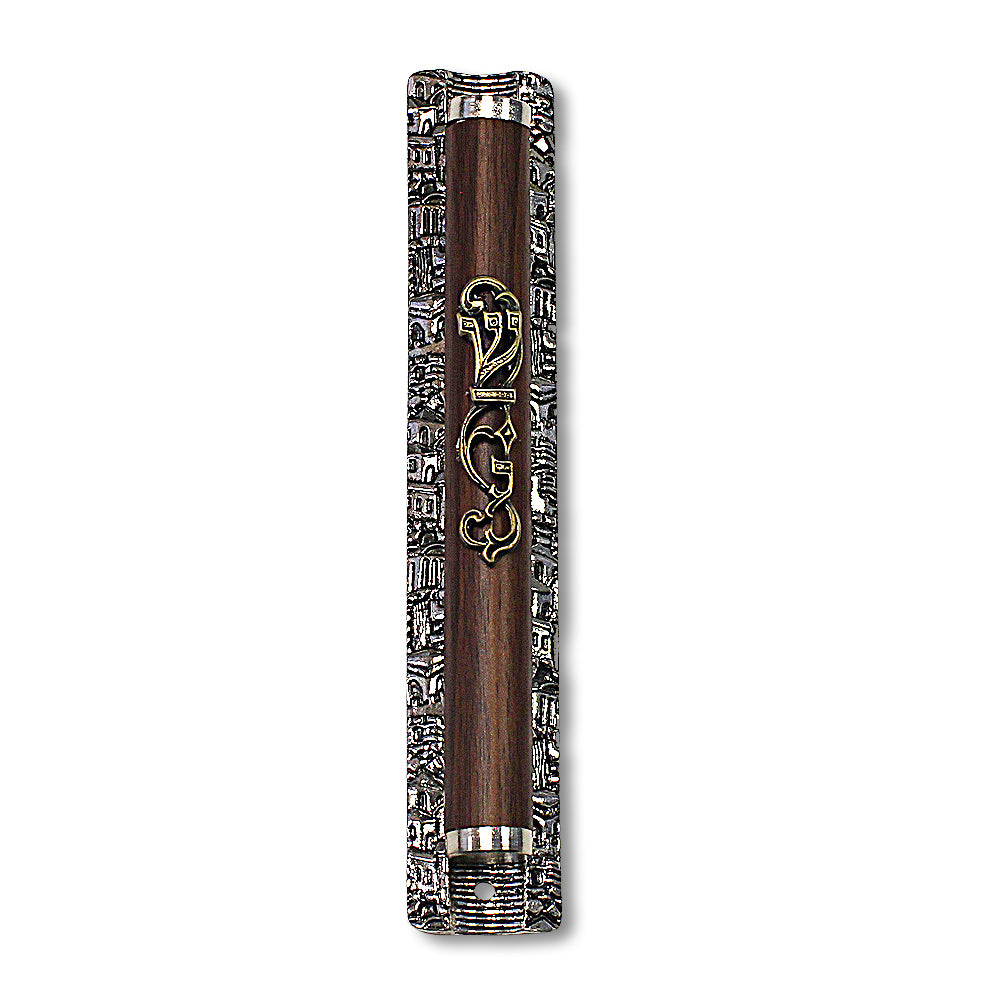 Metal Gray Two-Tone Brown Wood Pattern Classic Mezuzah Case, 6.5" - Made in Israel