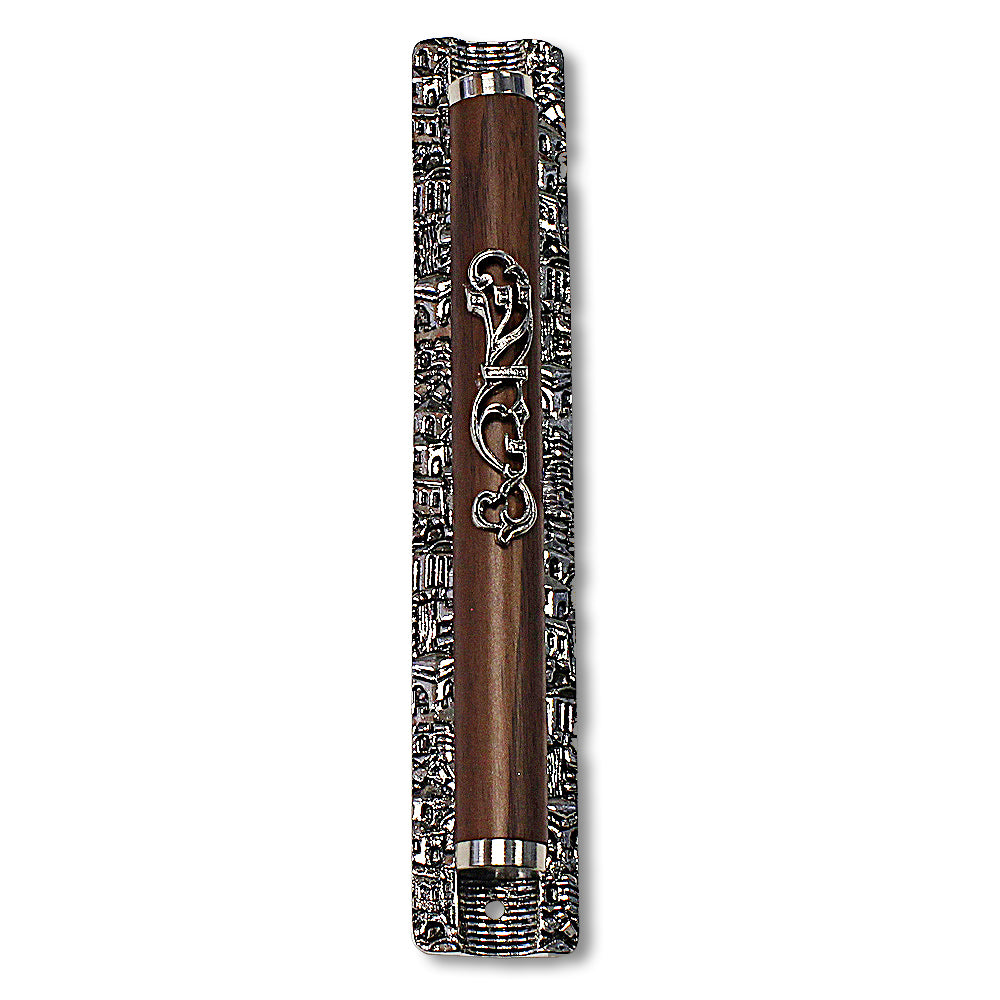Metal Gray Two-Tone Brown Wood Pattern Classic Mezuzah Case, 6.5" - Made in Israel