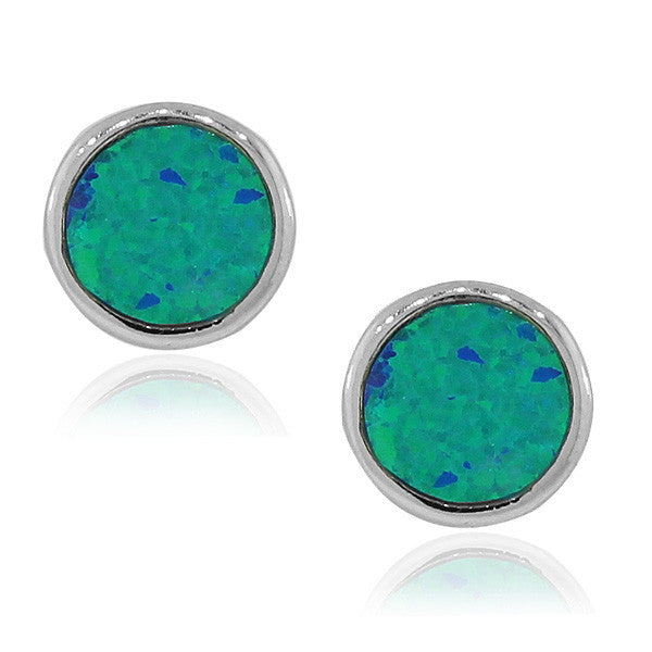 925 Sterling Silver Blue Turquoise-Tone Simulated Simulated Opal Round Stud Earrings