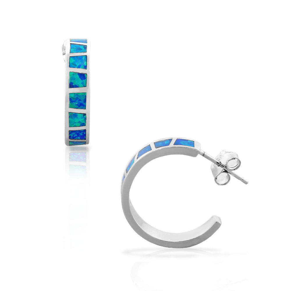 925 Sterling Silver Blue Turquoise-Tone Simulated Simulated Opal Half-Hoop Earrings