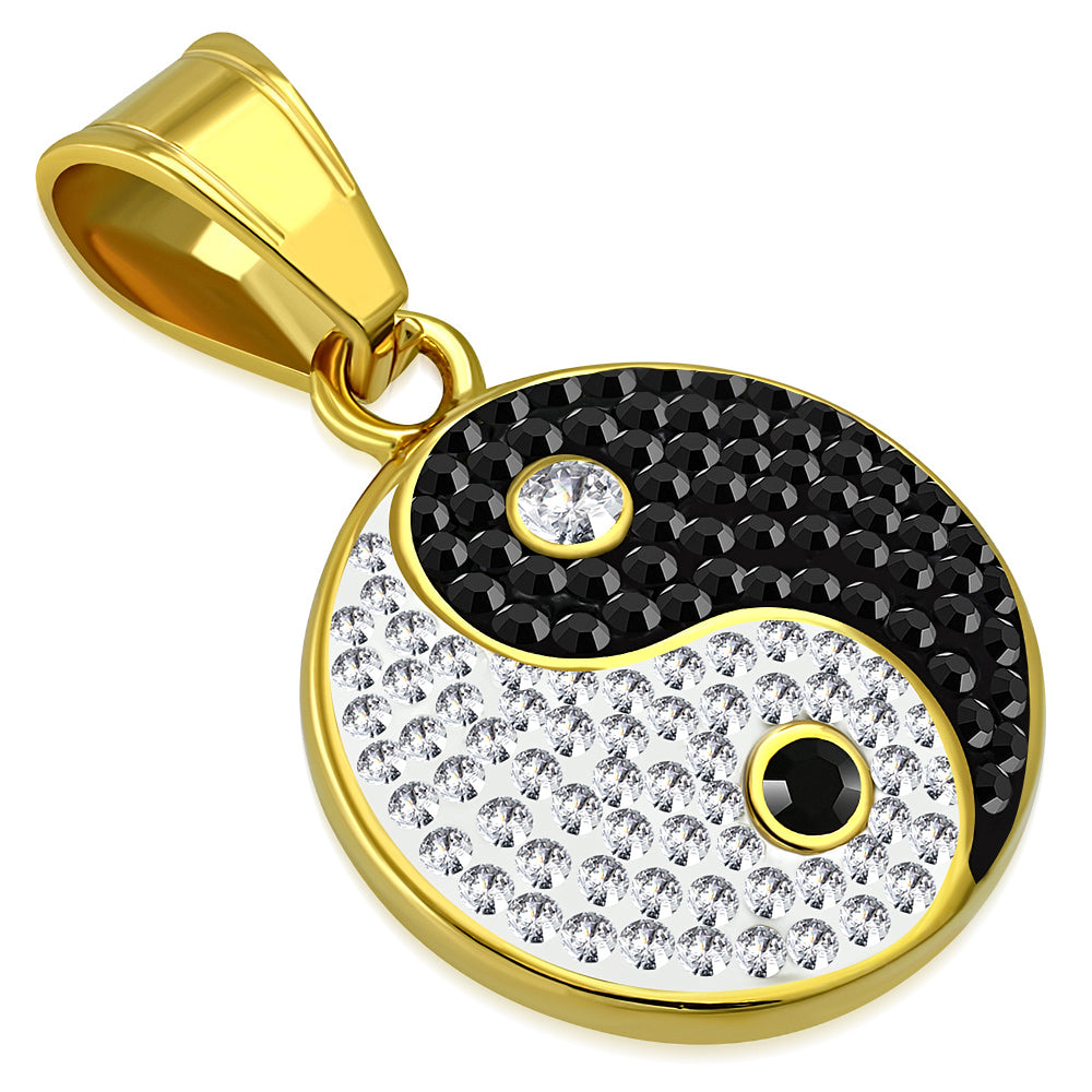 Stainless Steel Yin and Yang White Black CZ Yellow Gold-Tone Classic Pendant Necklace