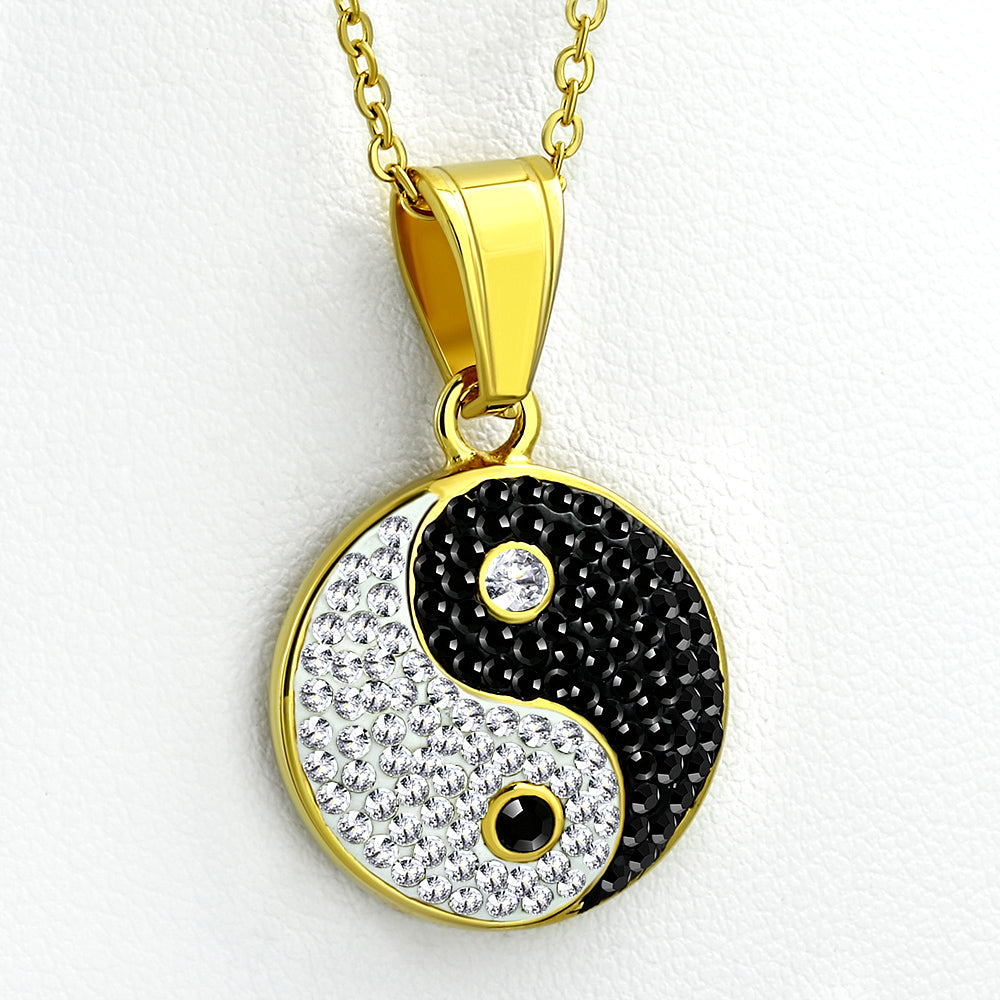 Stainless Steel Yin and Yang White Black CZ Yellow Gold-Tone Classic Pendant Necklace